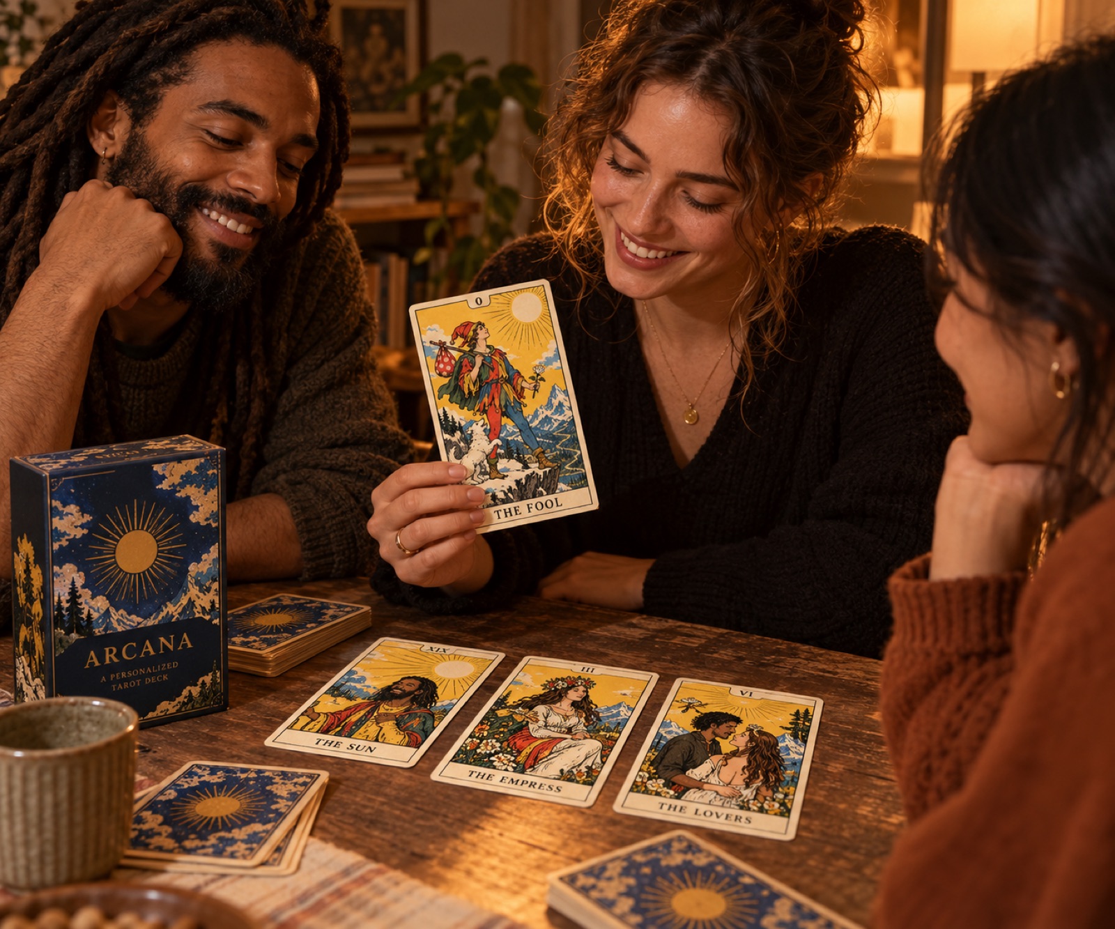 An intimate tarot reading between two people with personalised archetype cards on the table
