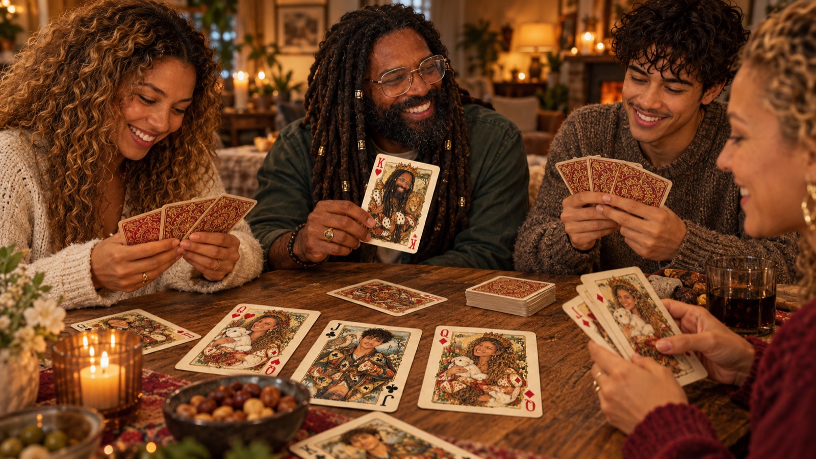 Family and friends around a table playing a personalised deck of illustrated playing cards