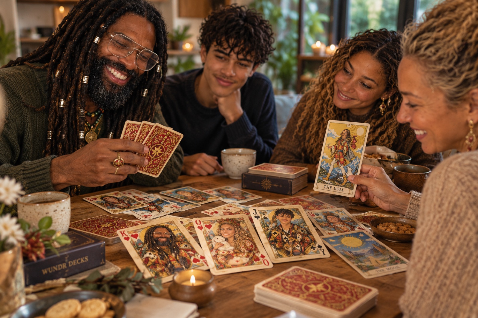 People around a table with personalised illustrated cards in their hands