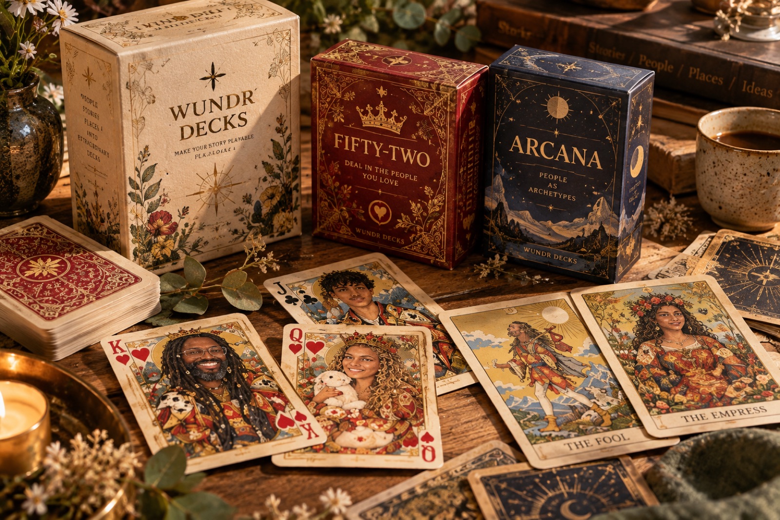 Wundr decks as physical objects — tuck boxes, stacked cards and card backs on a table